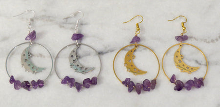 amethyst moon hoop earrings