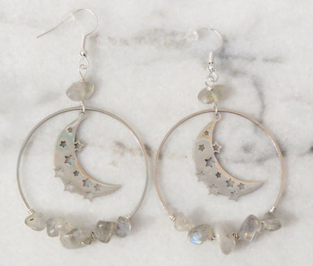 labradorite moon hoop earrings