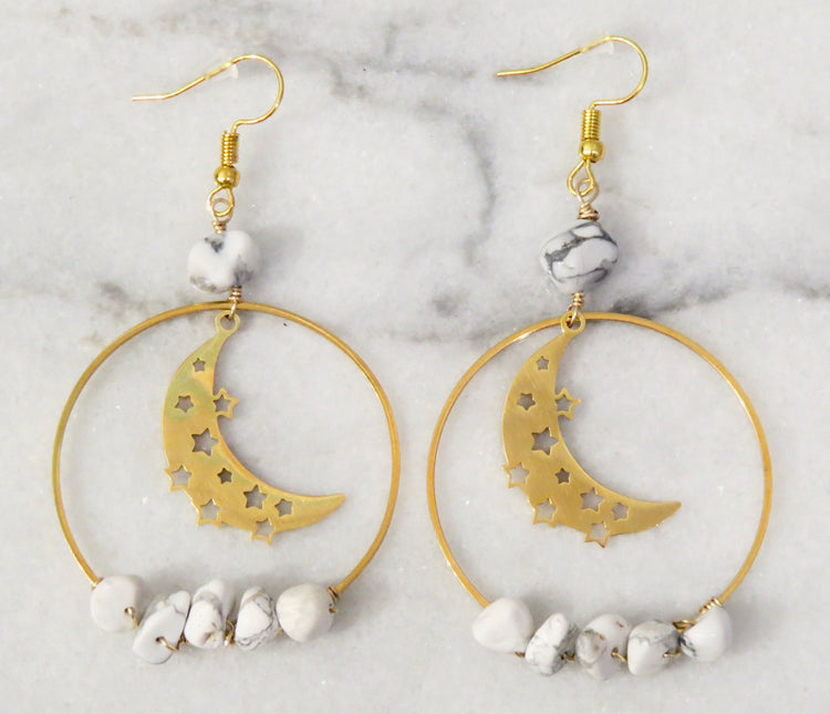howlite moon hoop earrings